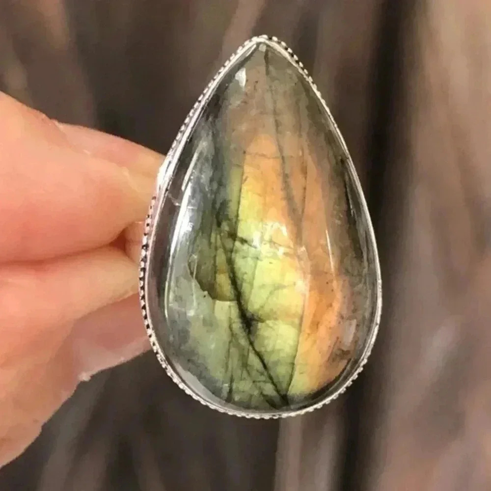 Labradorite Teardrop Statement Ring in Green & Orange -
